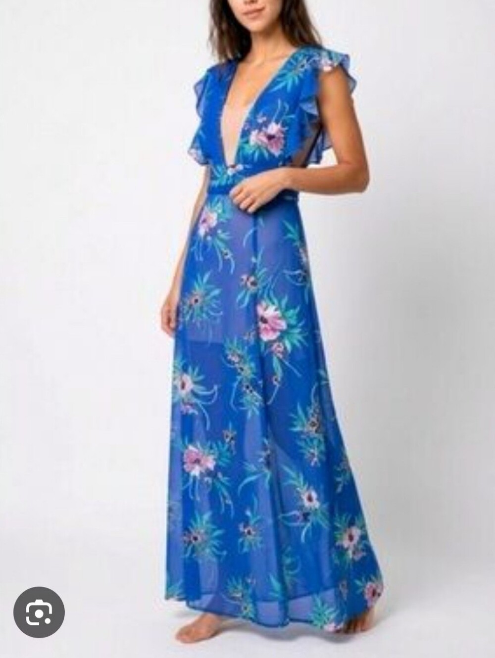 Blue Floral Maxi Dress with Deep V-Neck